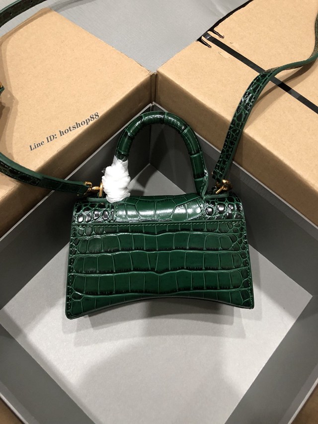 Balenciaga專櫃爆款小號手提女包 巴黎世家鱷魚墨綠色金扣Hourglass沙漏包 fyj1631